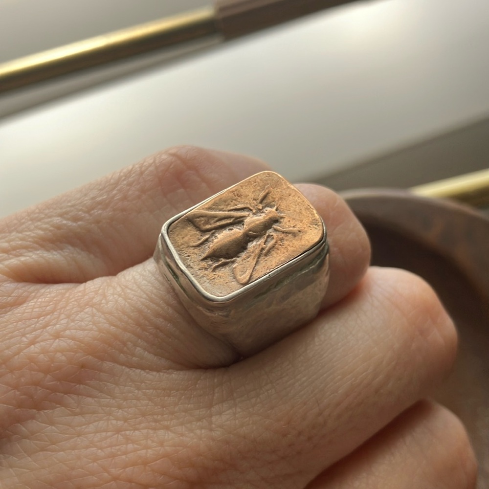 Square Face Bee Silver and Gold Jewelry Ring